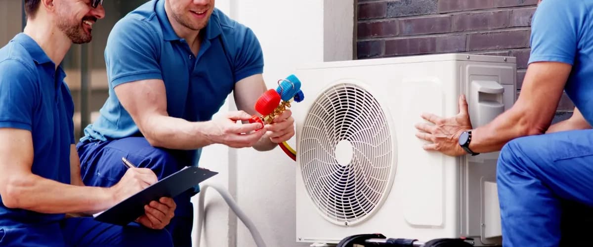 Three HVAC technicians servicing an outdoor heat pump unit.