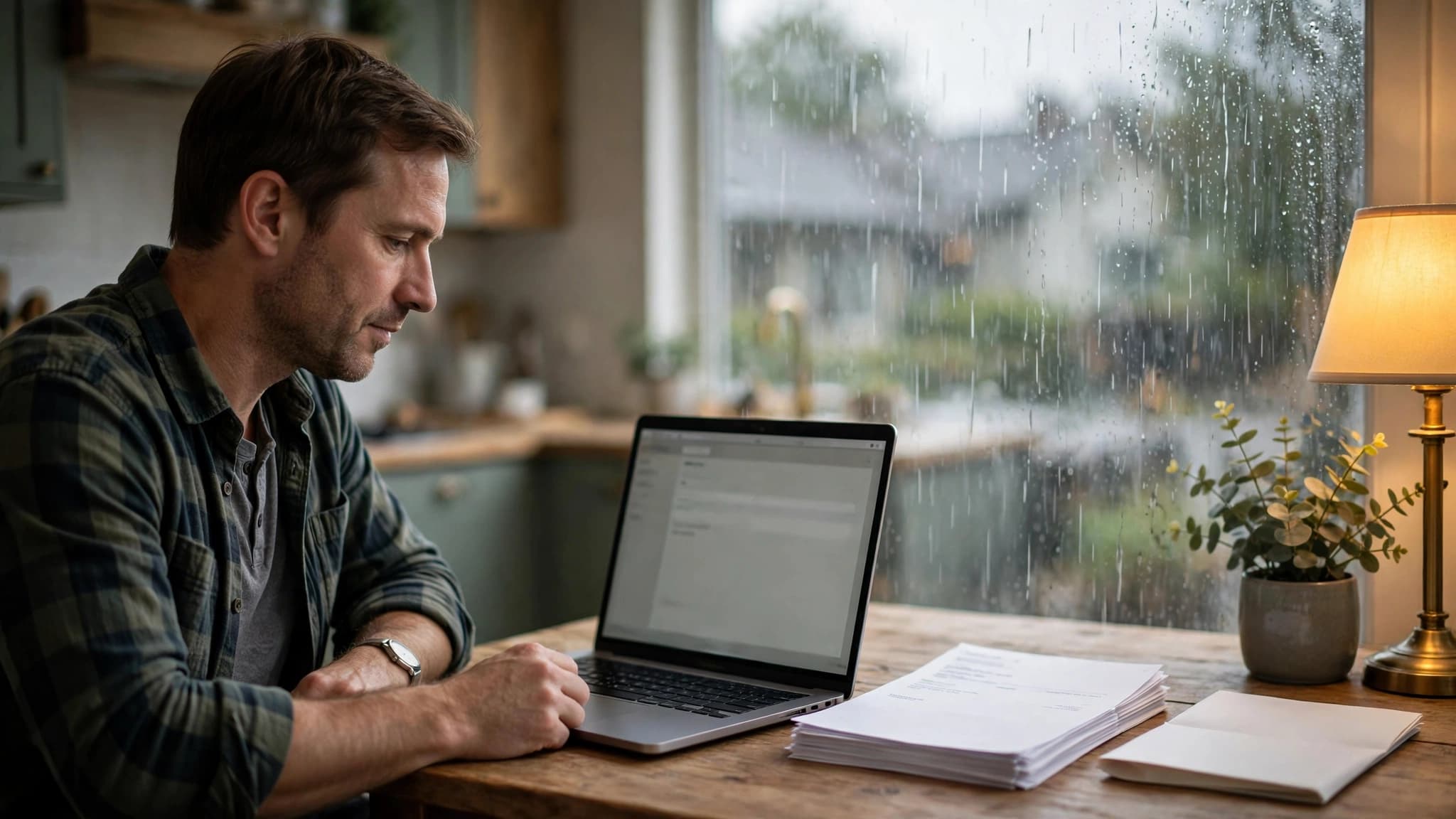 Homeowner at a kitchen table with a laptop form and printed invoices, rain on the window, in a Lower Mainland home