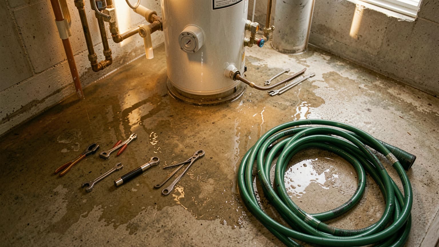 Flooded basement utility room with tools and hose ready for emergency water heater replacement.