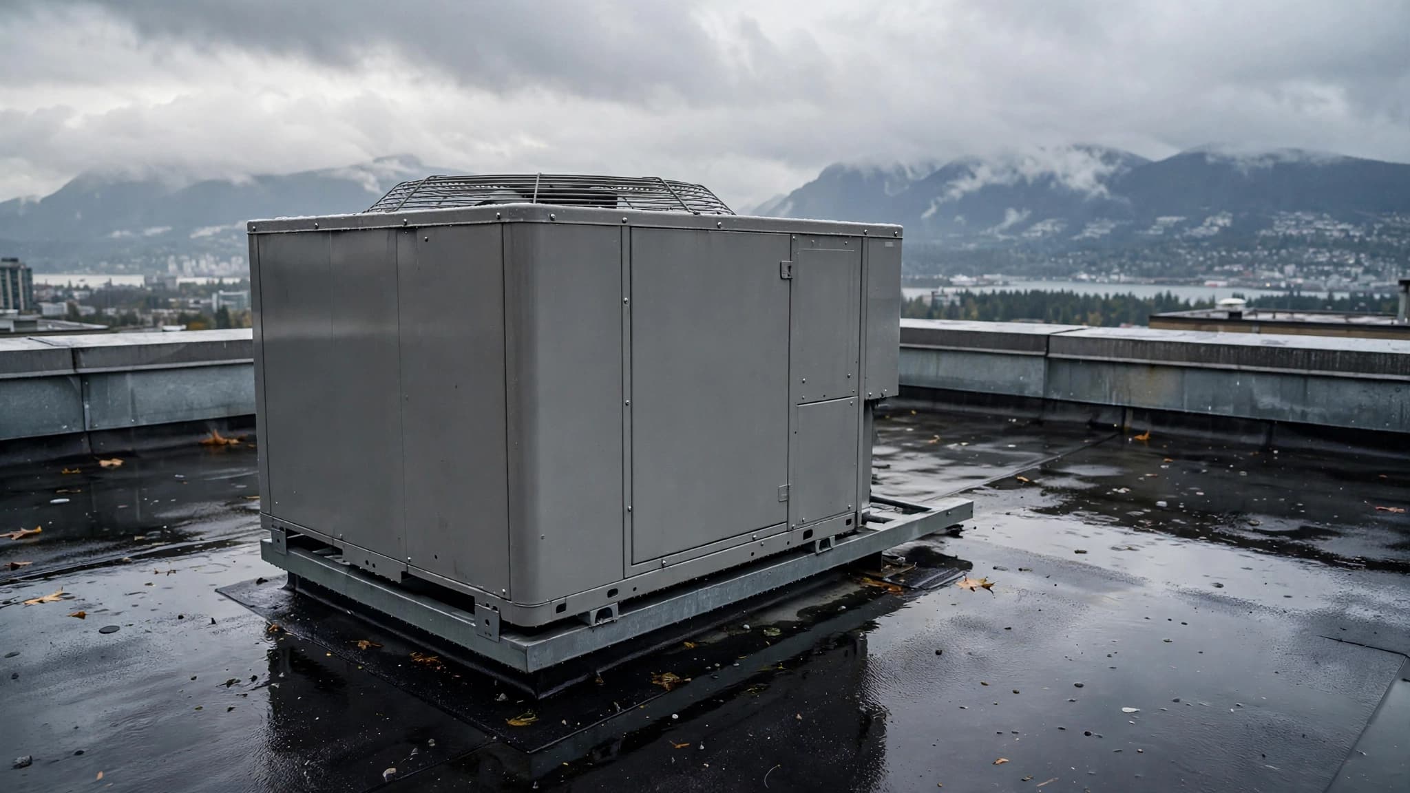 RTU HVAC unit on a wet flat commercial roof in Metro Vancouver, rain beading on its grey steel cabinet